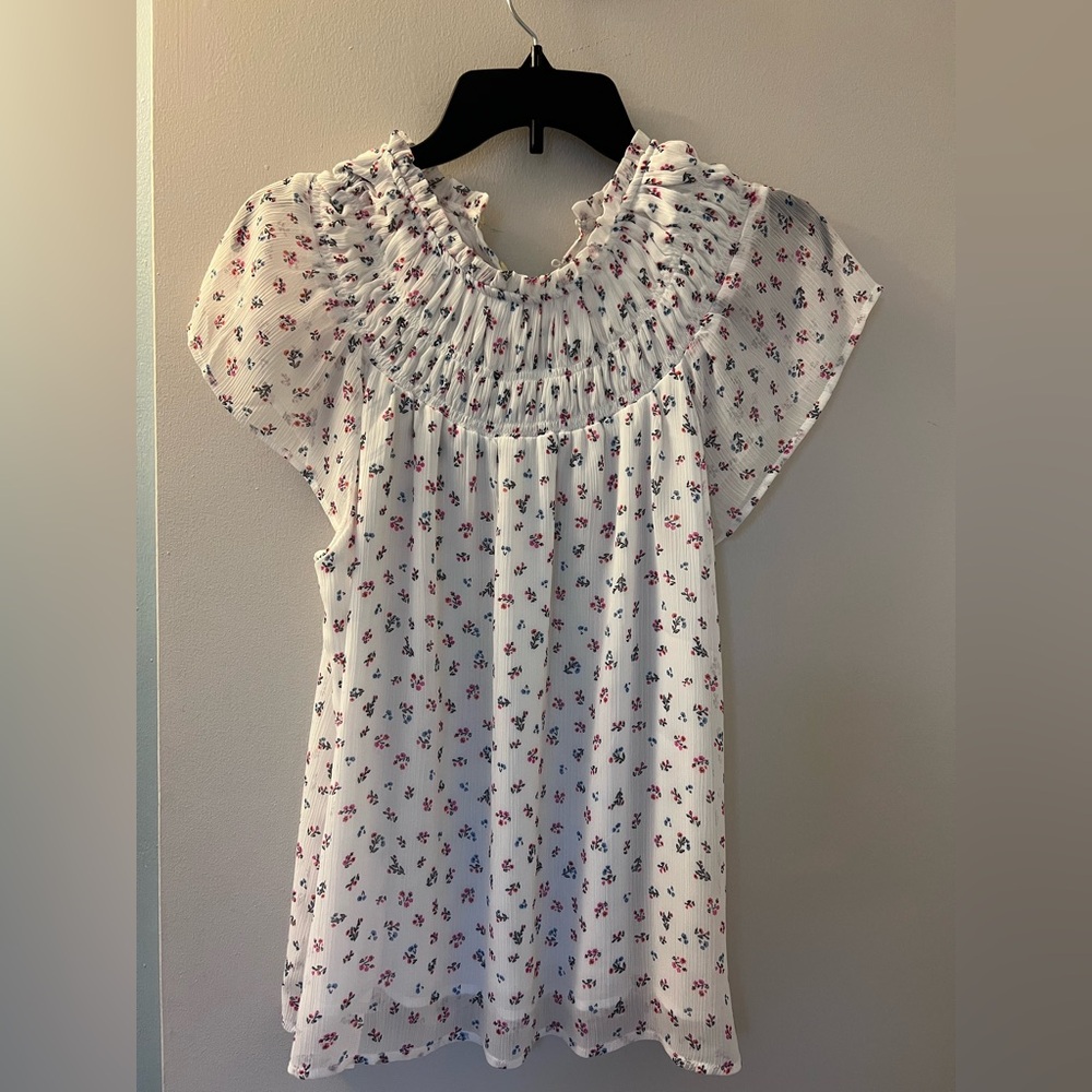 White Blouse with smocked neckline and Floral Accents by LOFT Size L